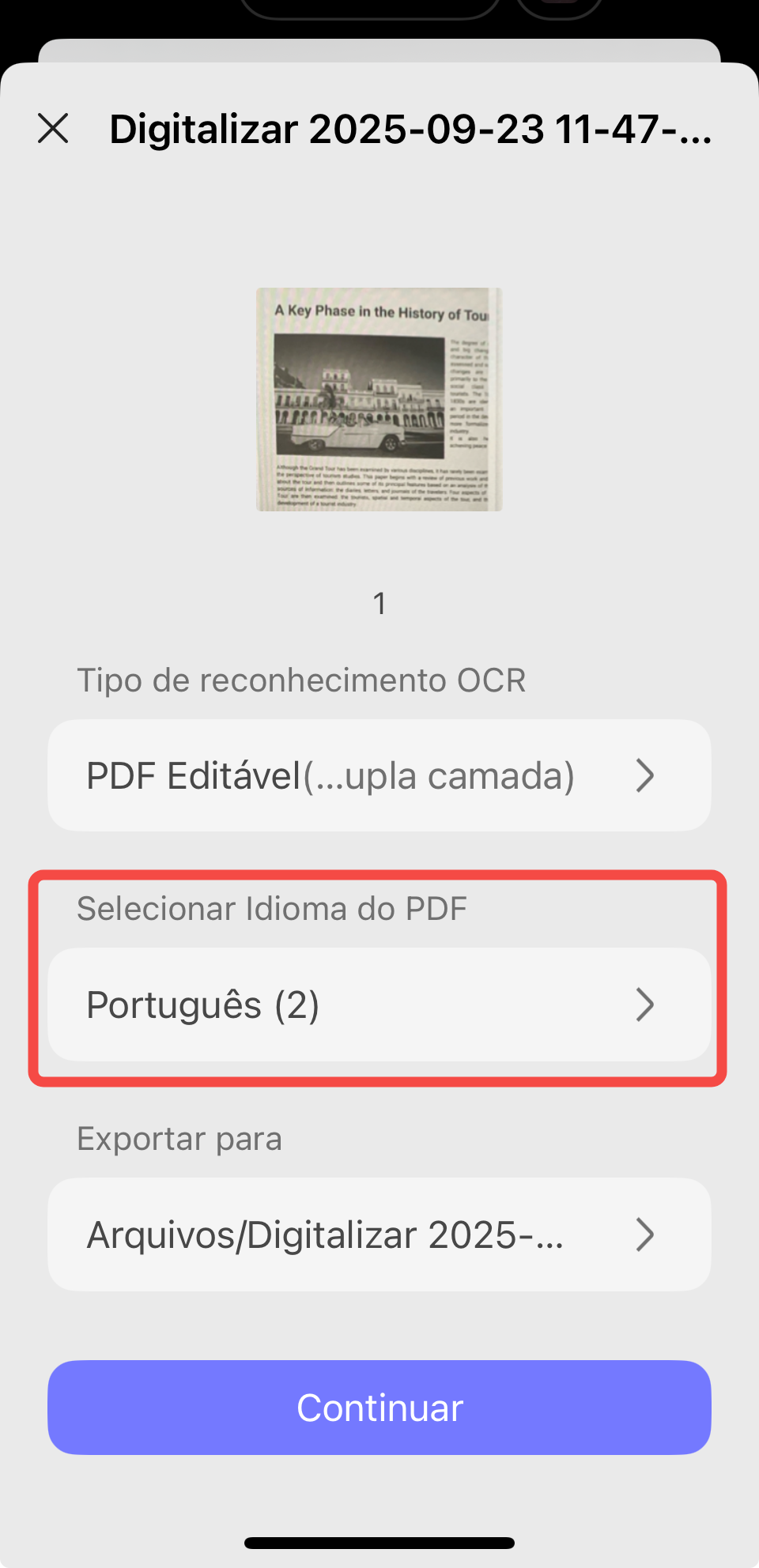 selecionar idioma do pdf