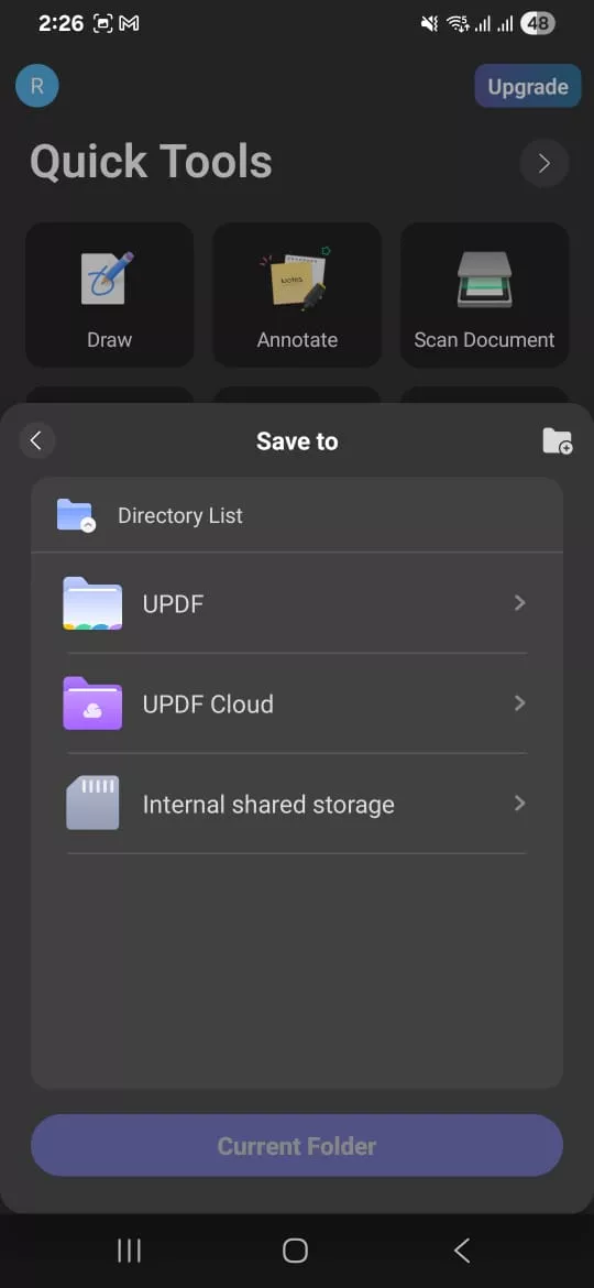  select a location to save pdf updf android
