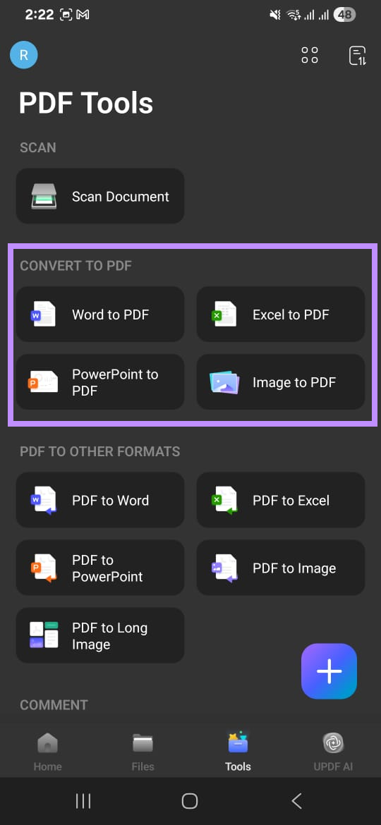 select an option to convert to pdf updf android