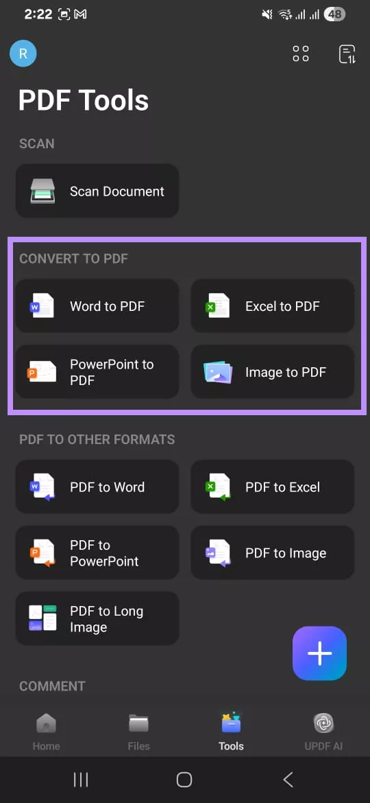 select an option to convert to pdf updf android