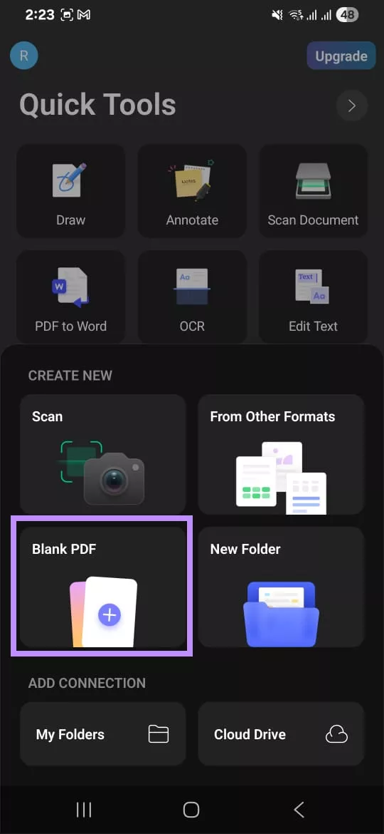select blank pdf in updf for android