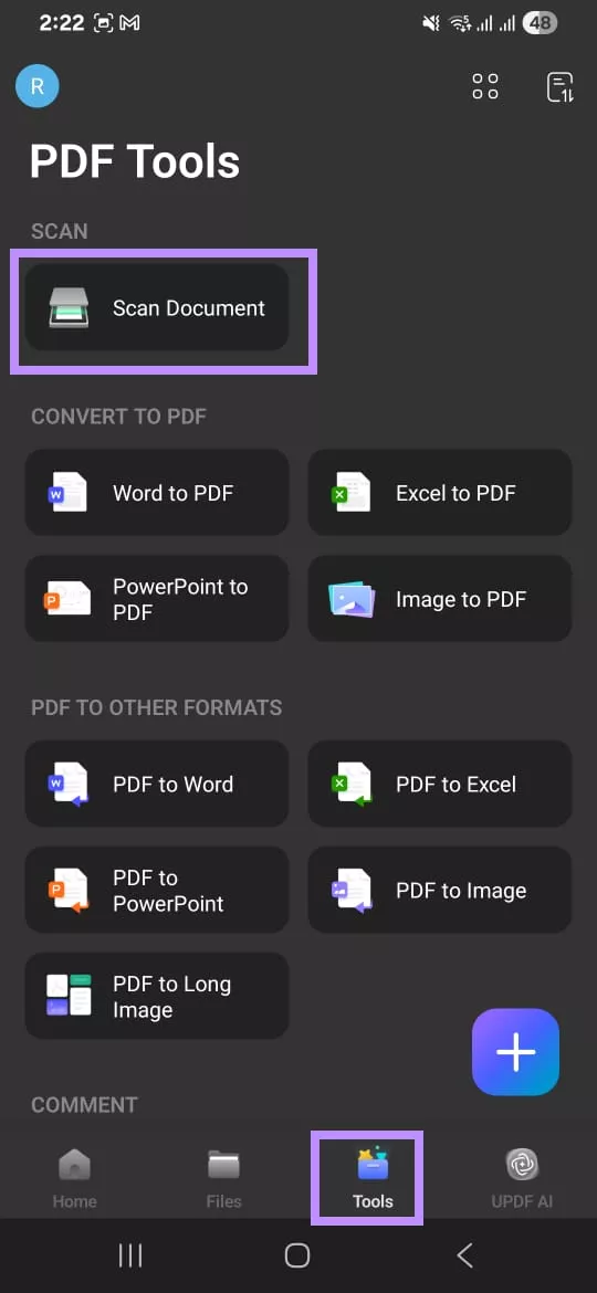 select scan document under tools updf android