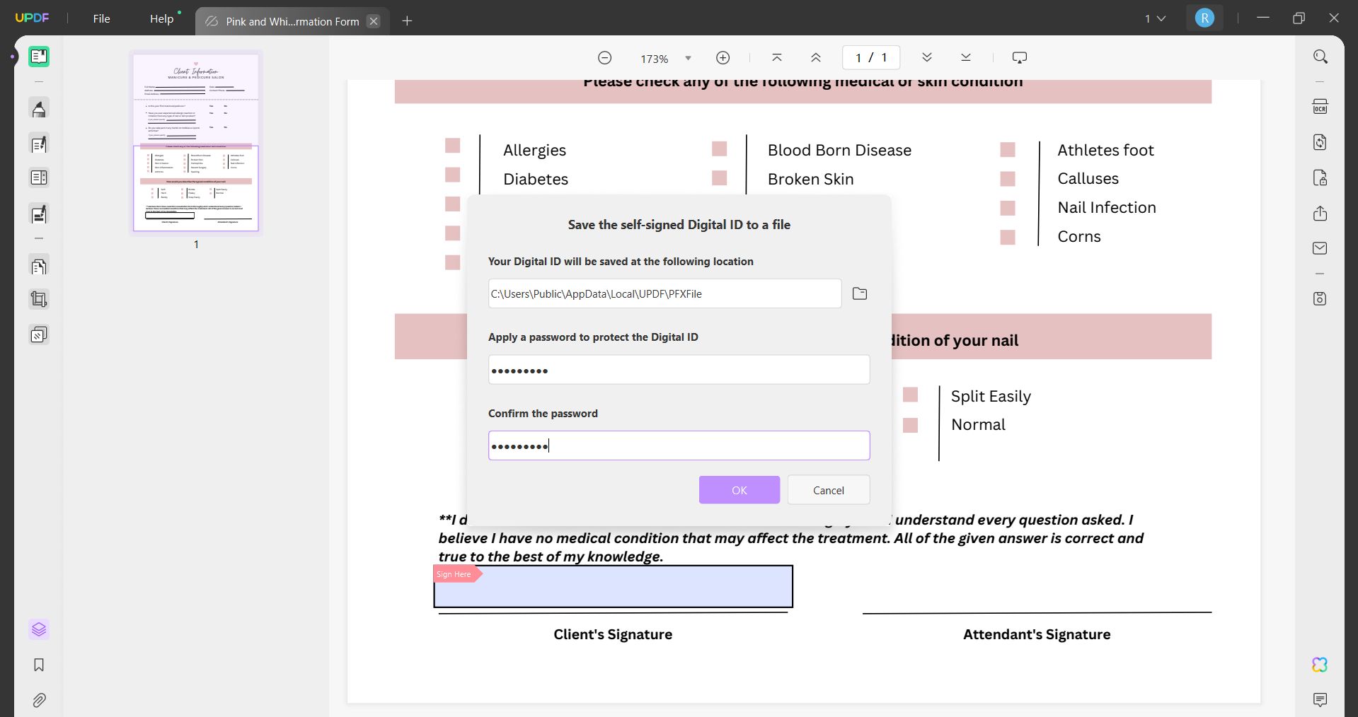 sign pdf in chrome select id