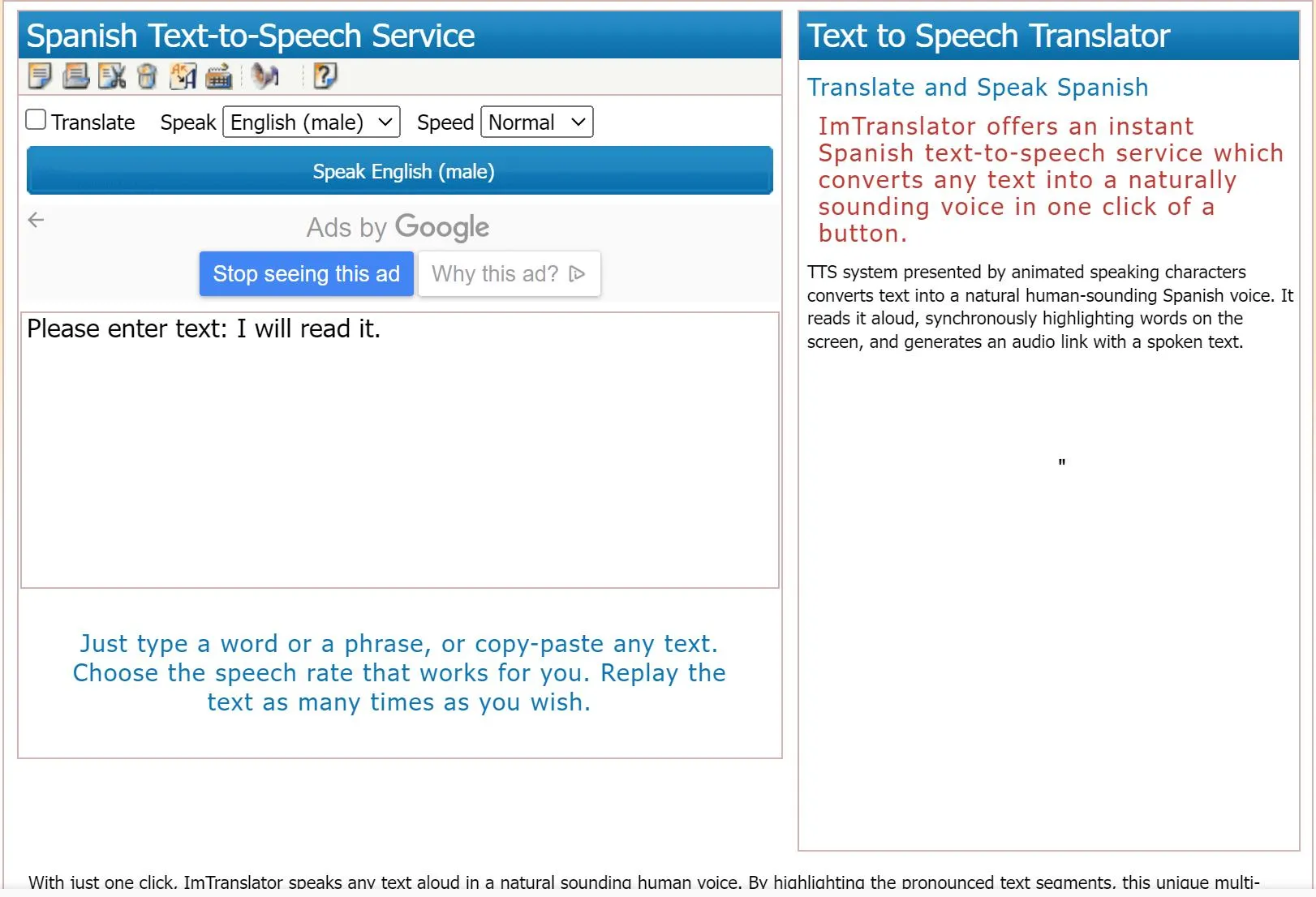 spanish text to speech imtranslator