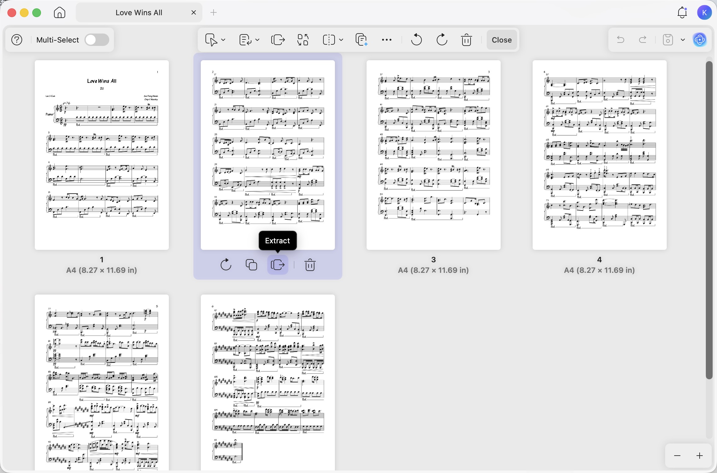 split out just the pages of your song
