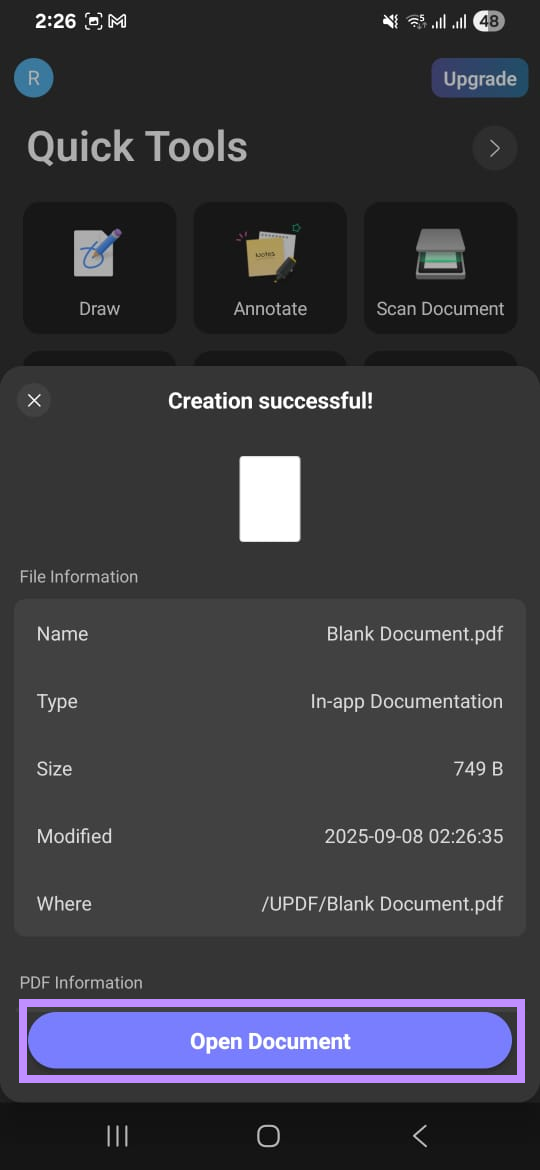 tap on open document to open blank pdf updf android