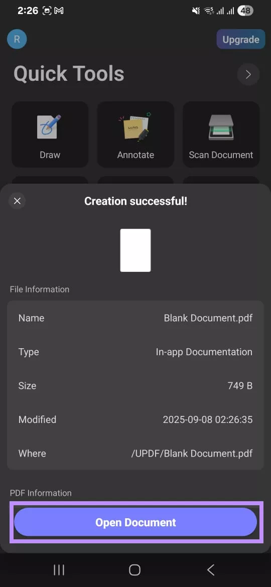  tap on open document to open blank pdf updf android