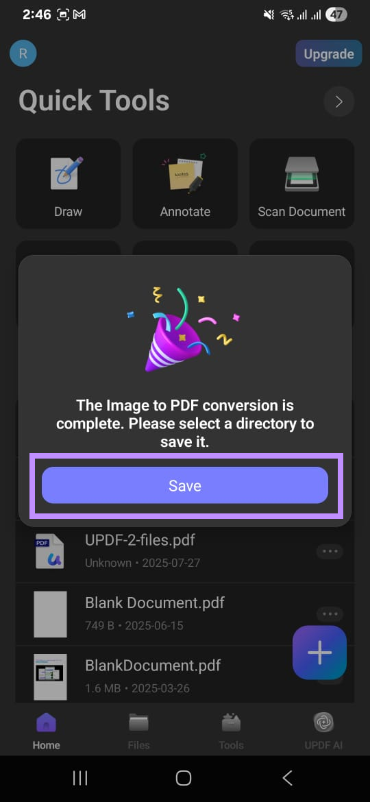 tap on save to convert to pdf updf android