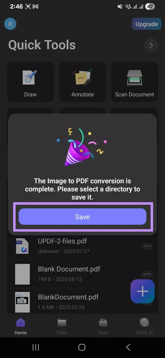  tap on save to convert to pdf updf android