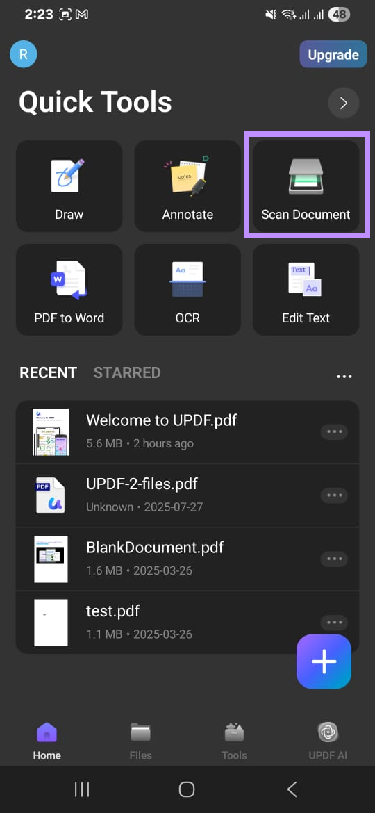 : tap on scan document updf android