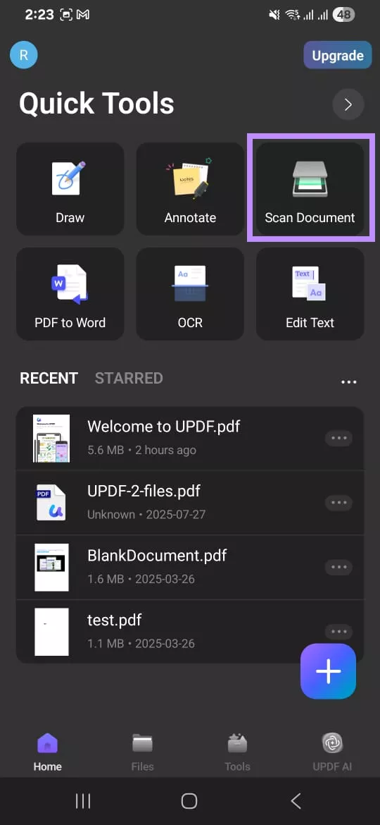 : tap on scan document updf android