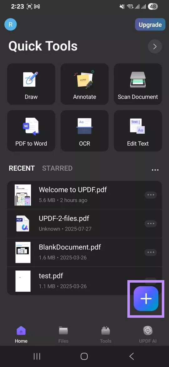 tap the + button in updf for android