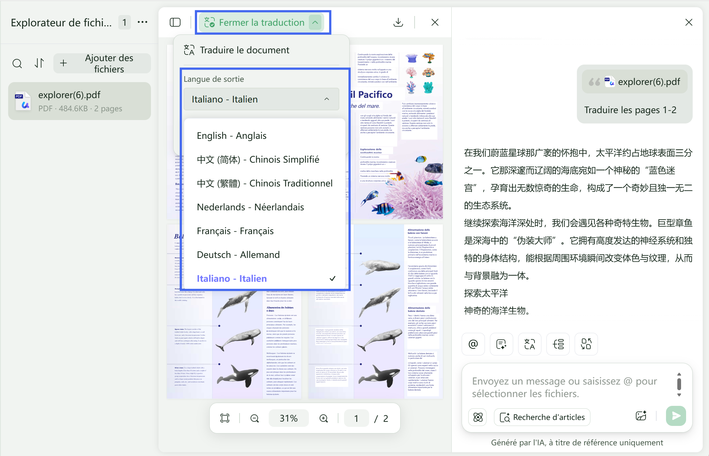 Traduisez dans le chat avec le projet dans UPDF AI Online version 2