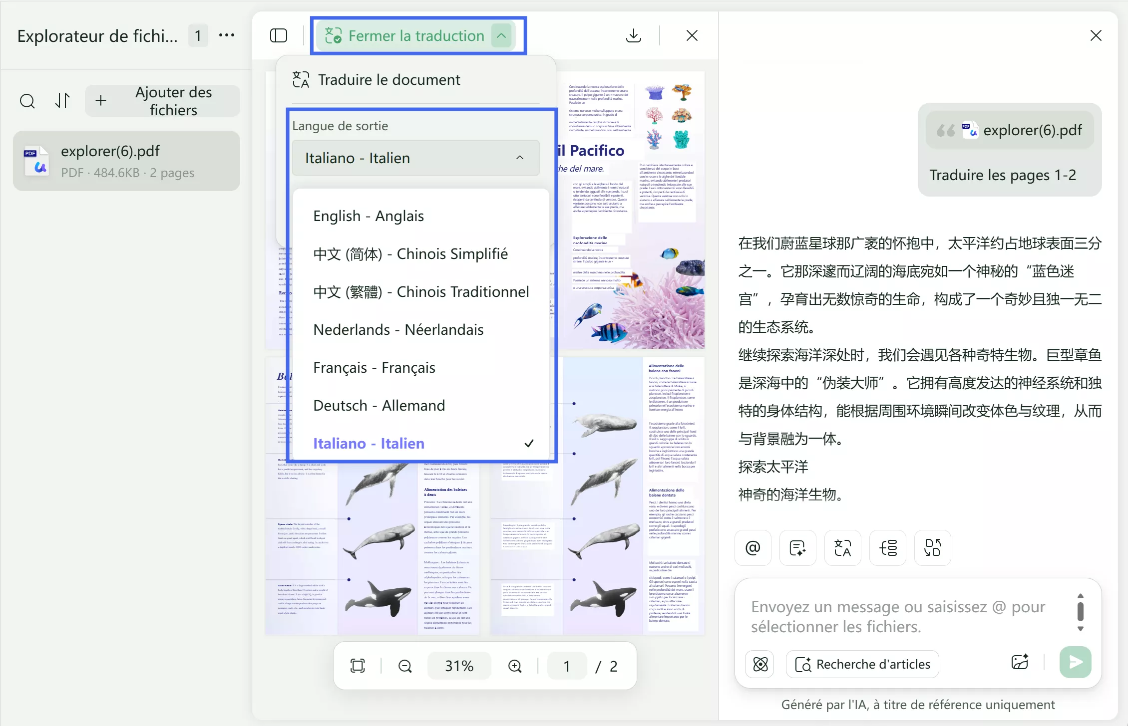Traduisez dans le chat avec le projet dans UPDF AI Online version 2