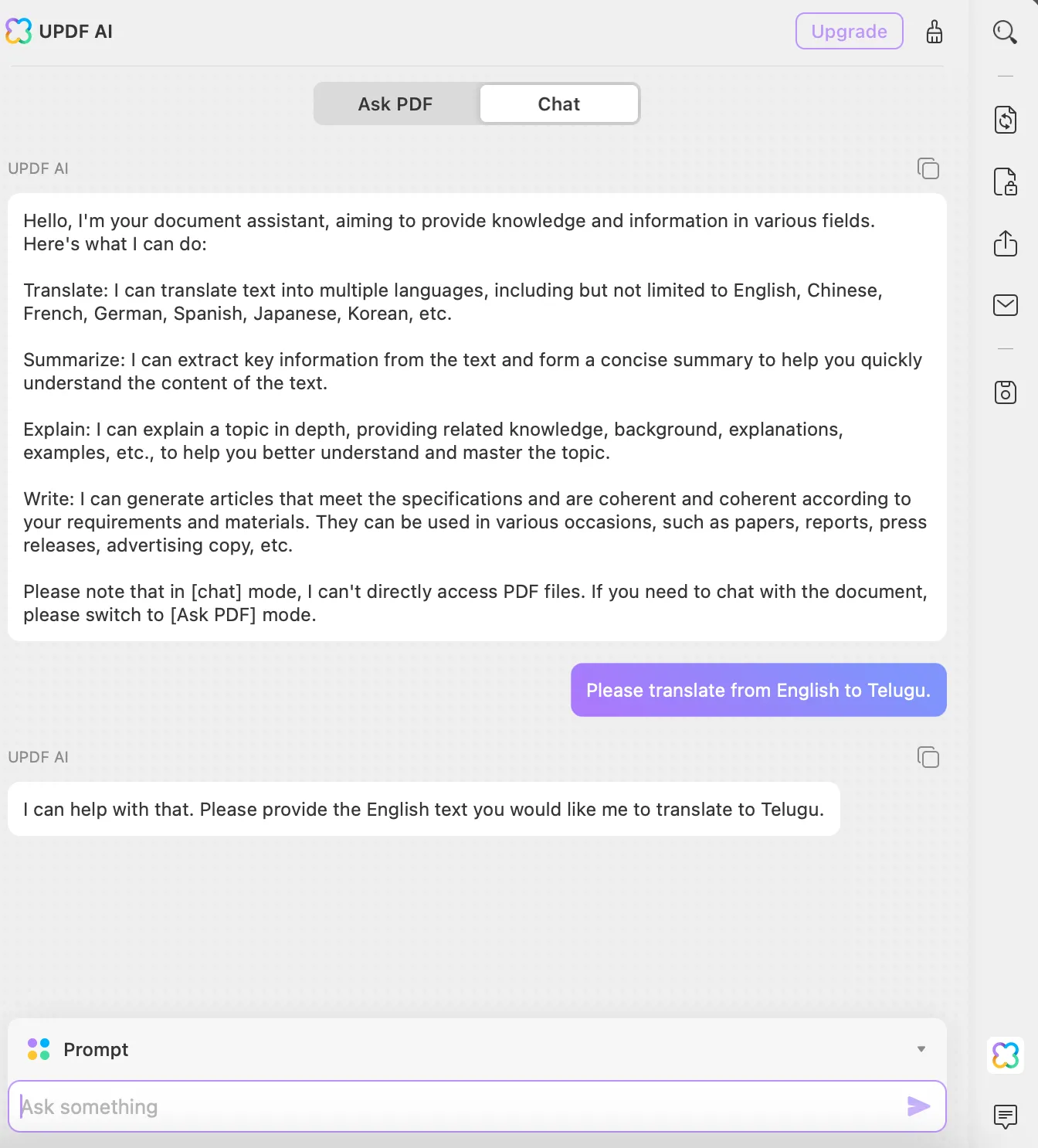 translate pdf english to telugu UPDF ai