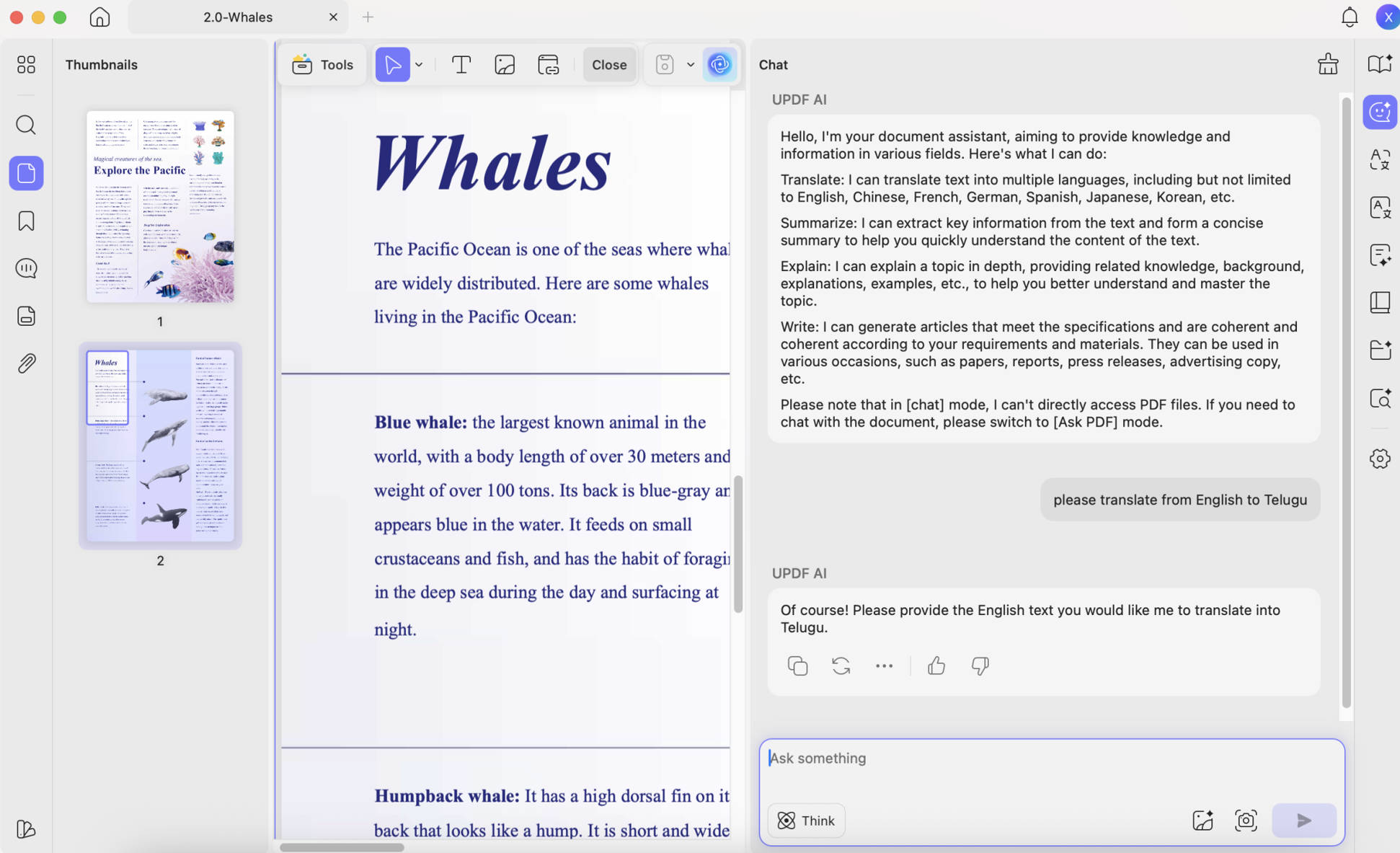 translate pdf english to telugu UPDF ai