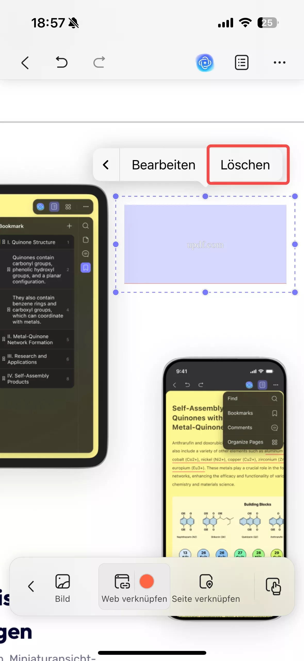 Optionen zum Bearbeiten des Links
