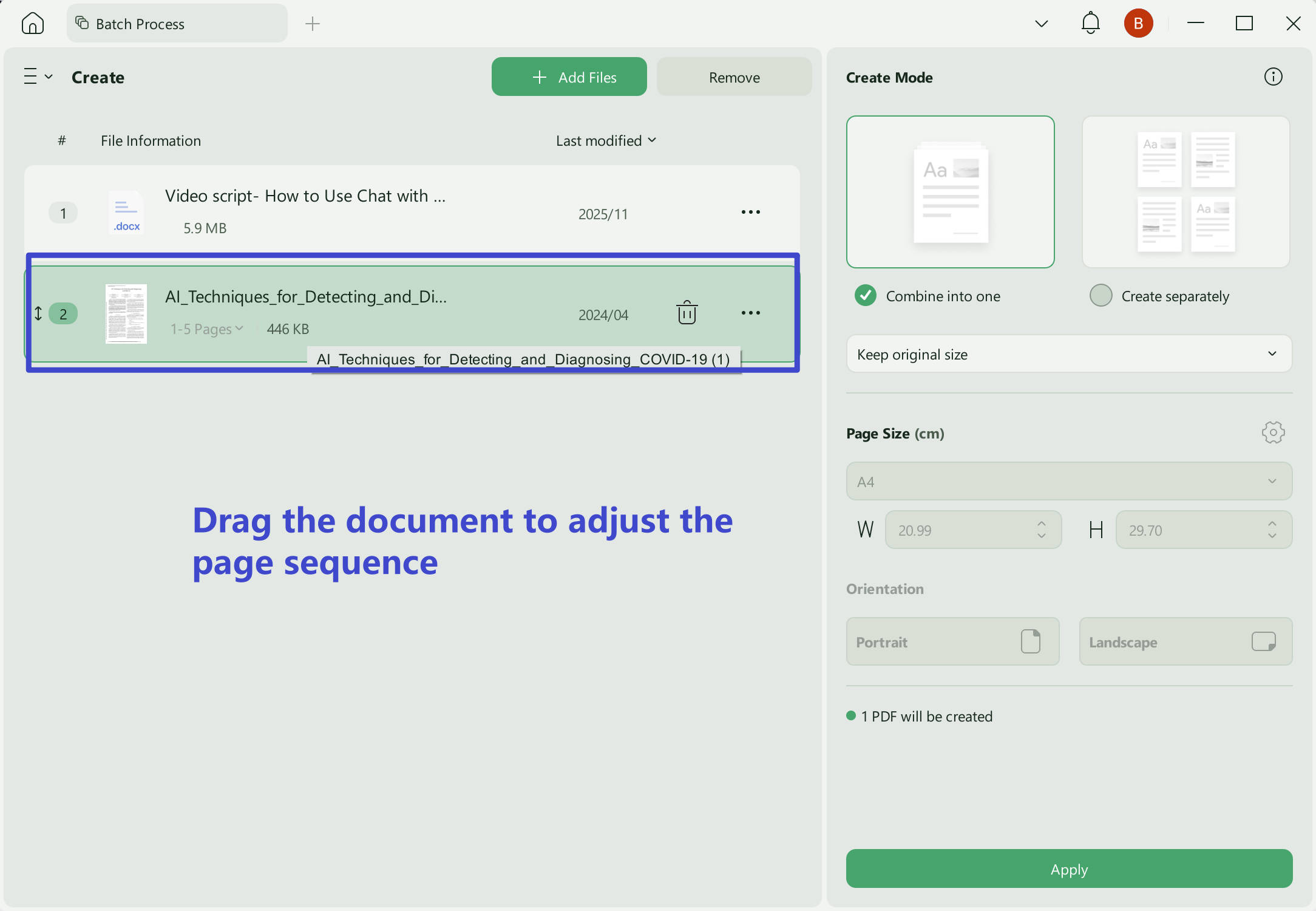 Drag the document to adjust the page sequence