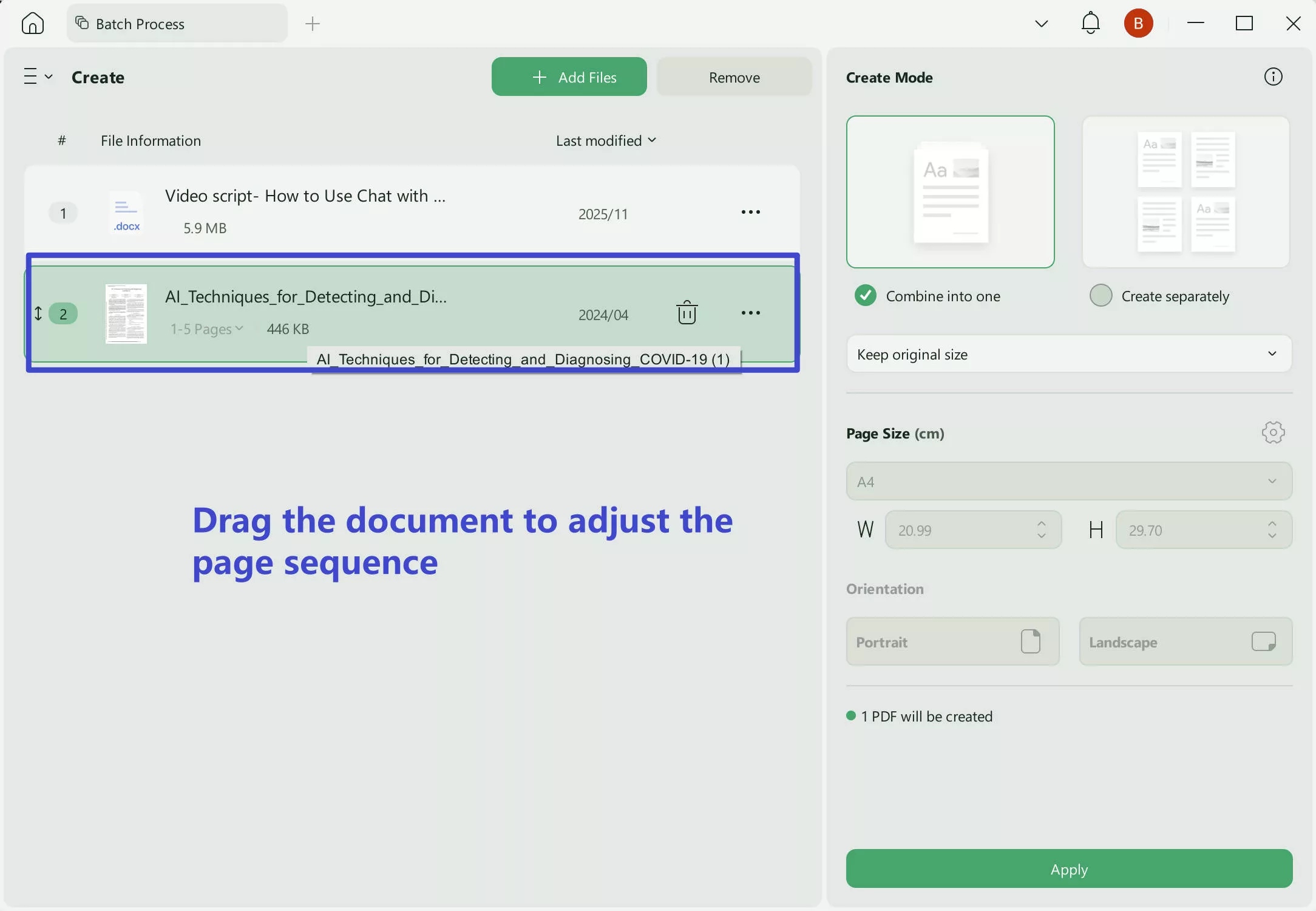 Drag the document to adjust the page sequence