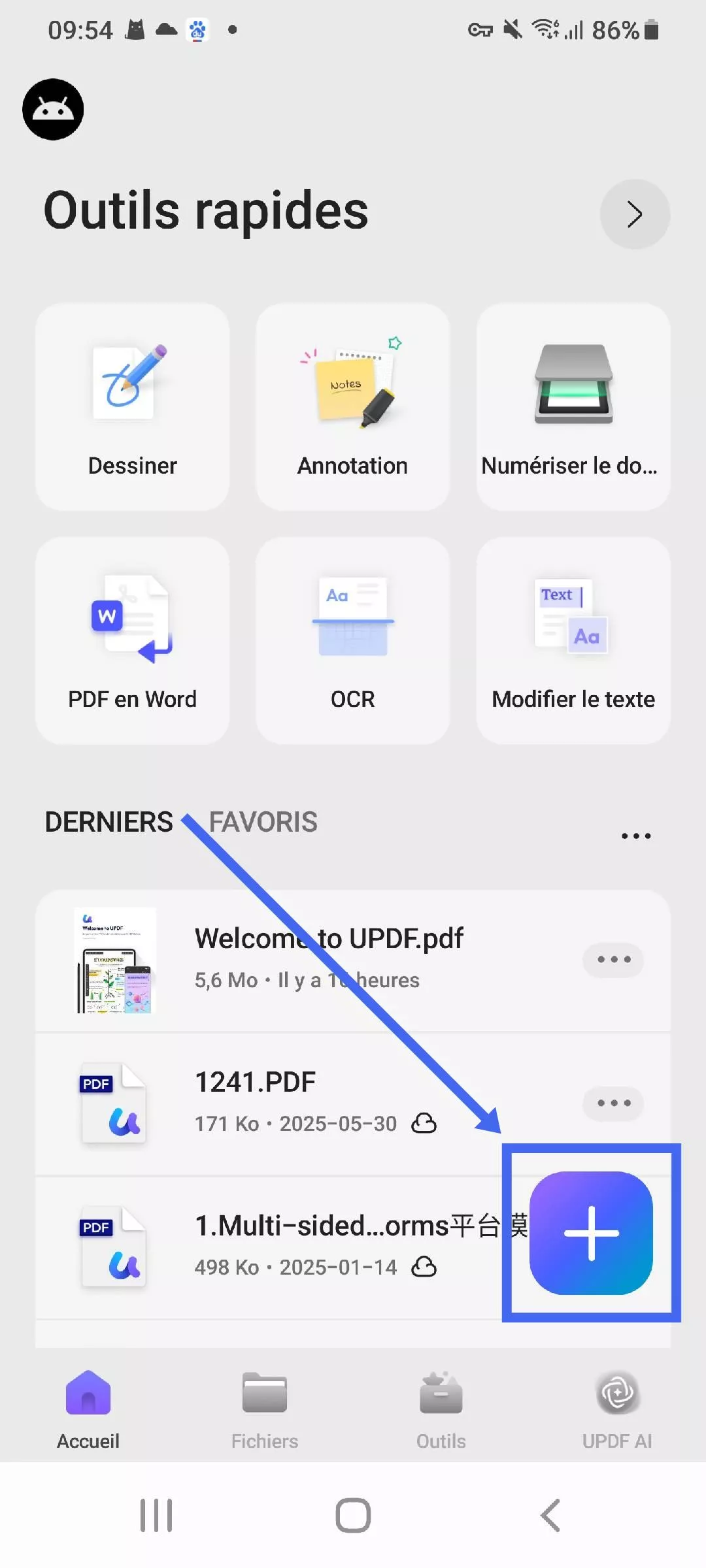 appuyez sur le bouton + dans updf pour Android
