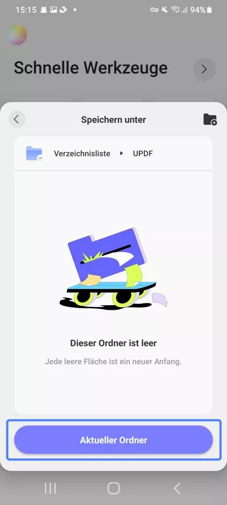 auf die Schaltfläche „Aktueller Ordner“ tippen