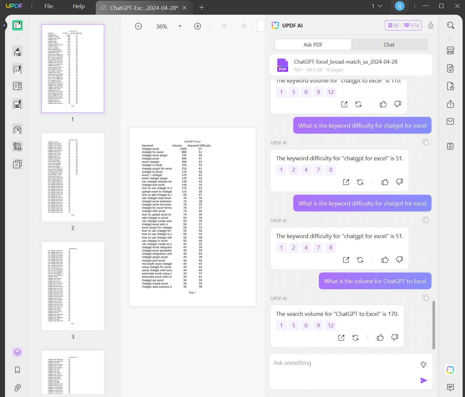 Ask UPDF AI ChatGPT questions for Excel.