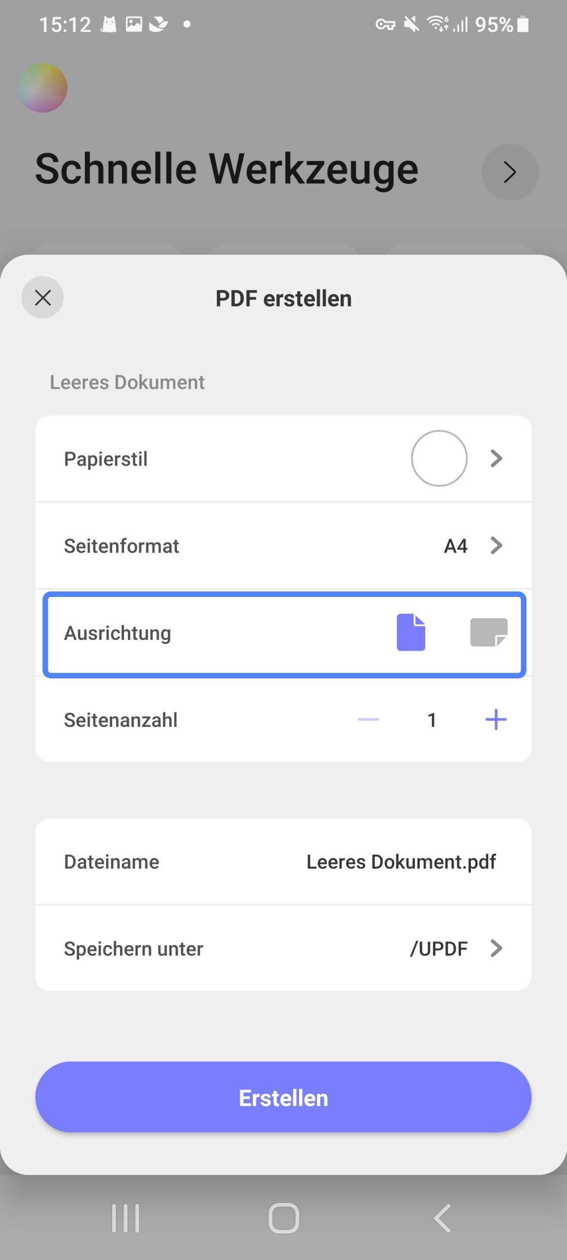 Wählen Sie eine Seitenausrichtung, um eine leere PDF-Datei zu erstellen. updf android