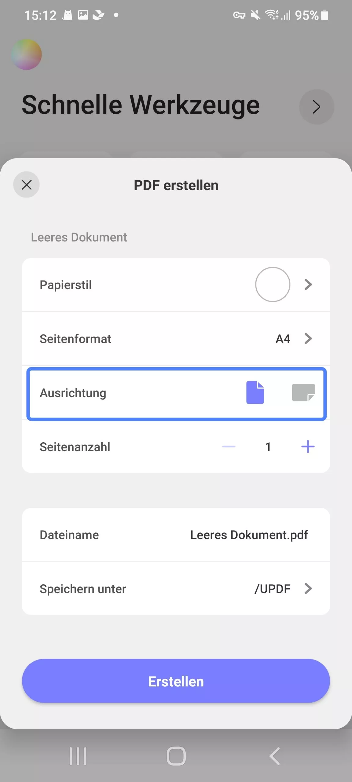 Wählen Sie eine Seitenausrichtung, um eine leere PDF-Datei zu erstellen. updf android