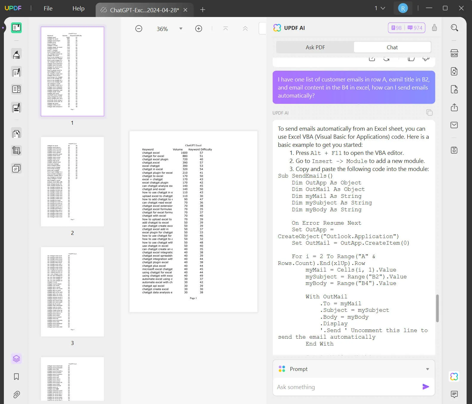 Ask UPDF to automate emails in Excel with UPDF AI