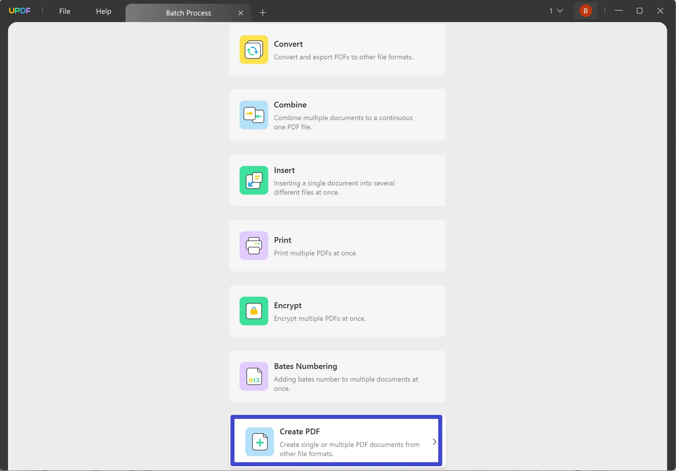 Select "Create PDF" in batch to convert BMP to PDF with UPDF