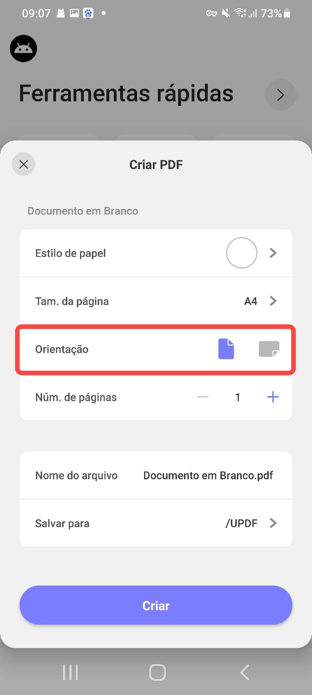 escolher uma orientação de paisagem