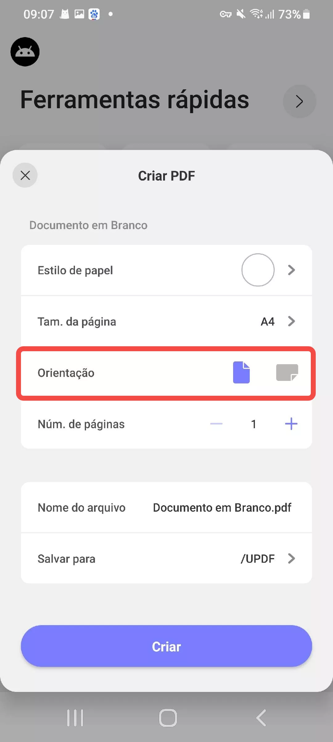 escolher uma orientação de paisagem