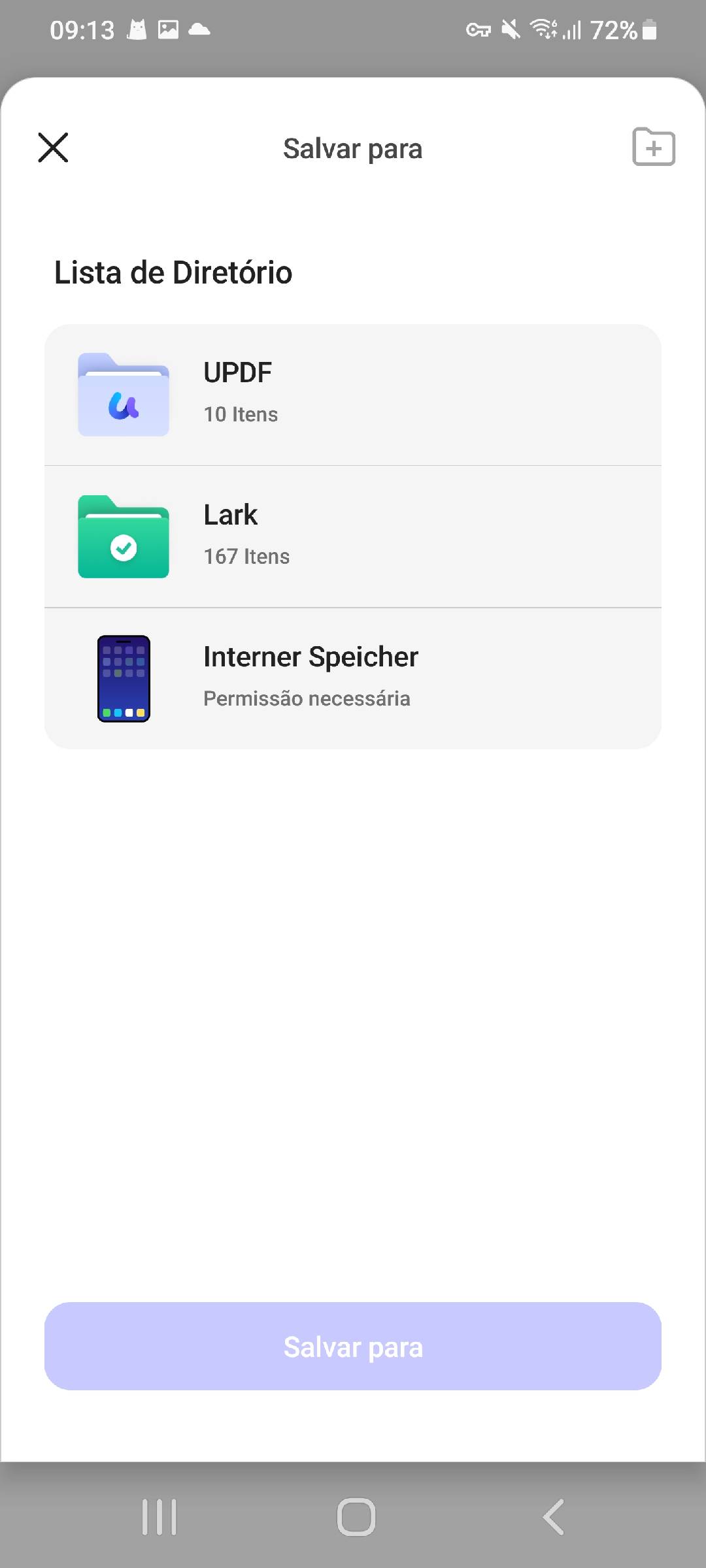 as opções disponíveis são "updf" e "internal shared storage"