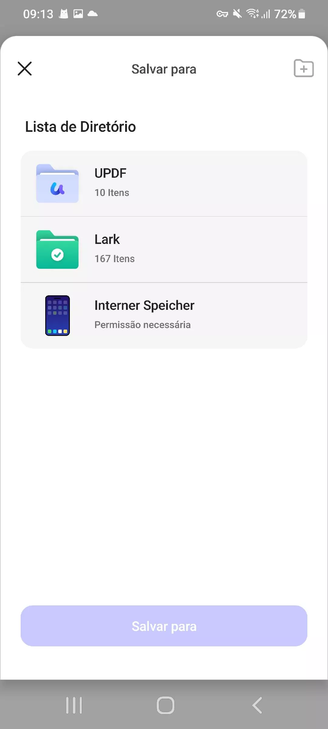 as opções disponíveis são "updf" e "internal shared storage"