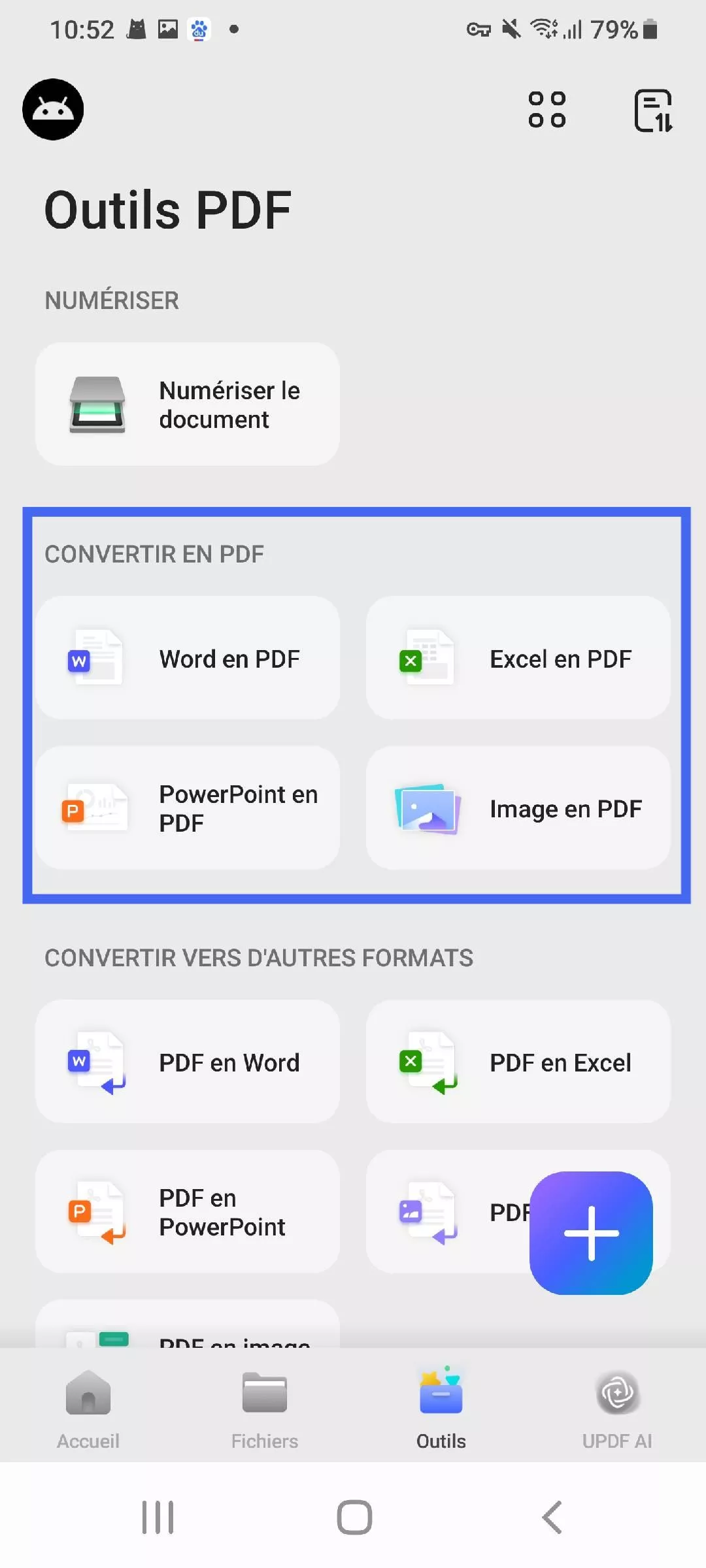 sélectionnez une option pour convertir en PDF UPDF Android