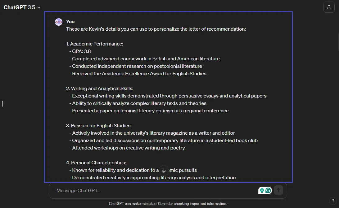 AI letter of recommendation generator Provide the necessary details