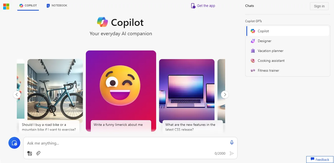 منشئ خطابات التوصية بالذكاء الاصطناعي واجهة موقع Copilot الإلكتروني