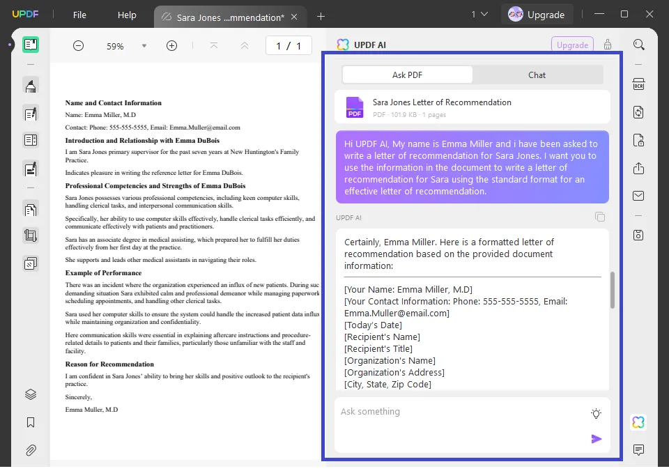 AI letter of recommendation generator Prompt UPDF AI to write the letter