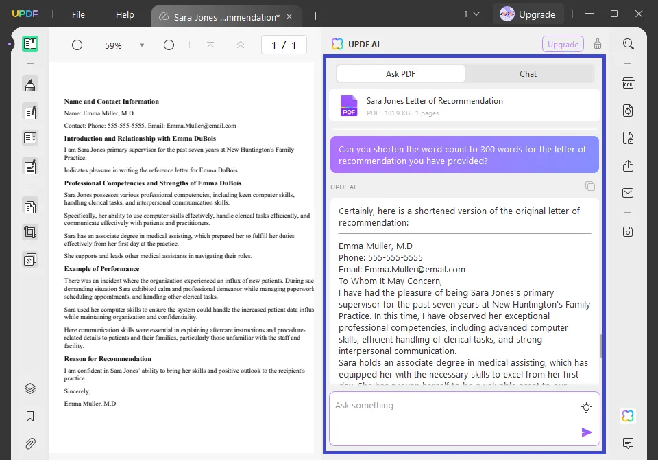 AI letter of recommendation generator Ask UPDF AI to reduce the words