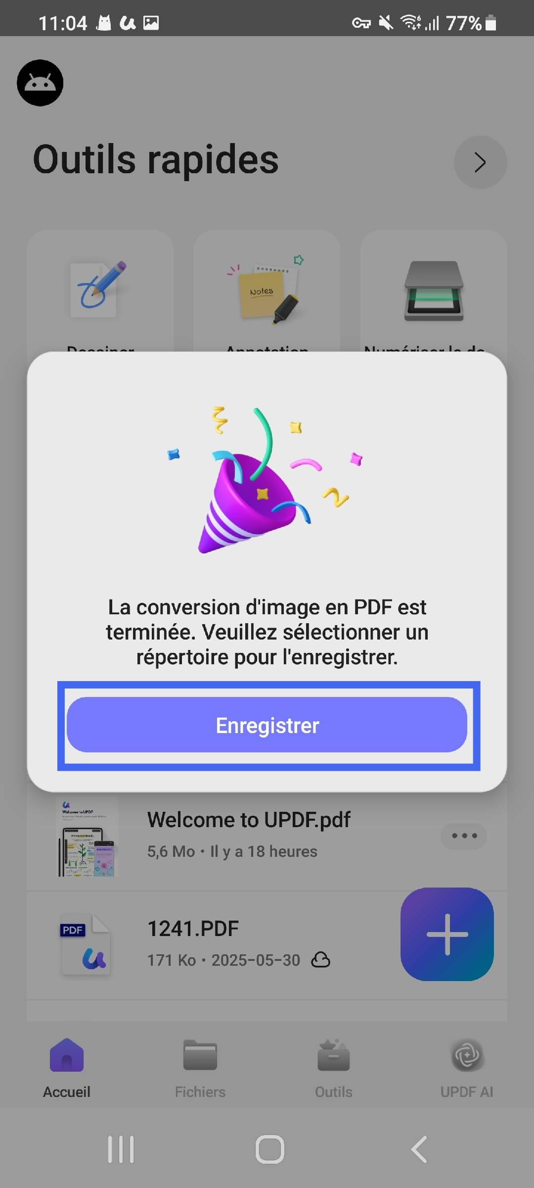 appuyez sur Enregistrer pour convertir en PDF UPDF Android