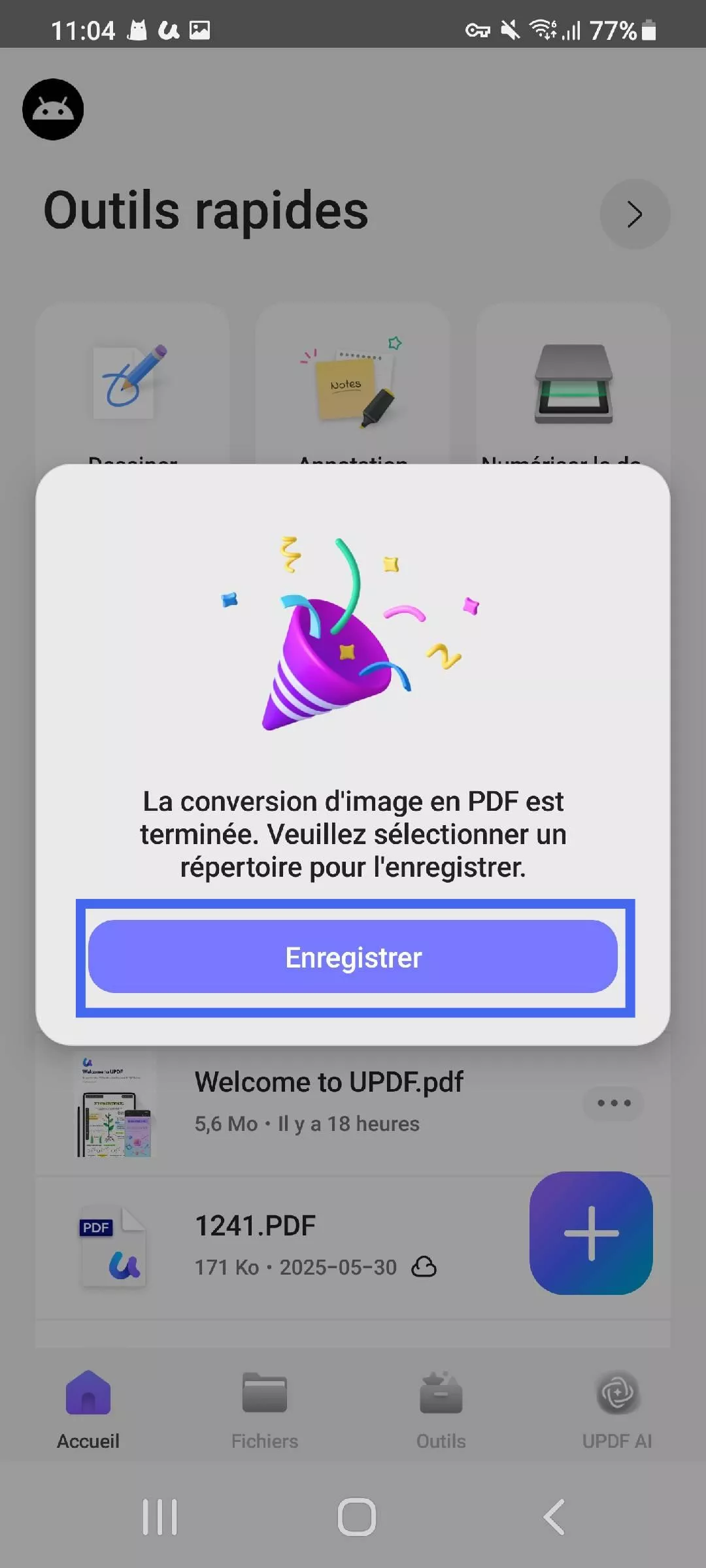  appuyez sur Enregistrer pour convertir en PDF UPDF Android