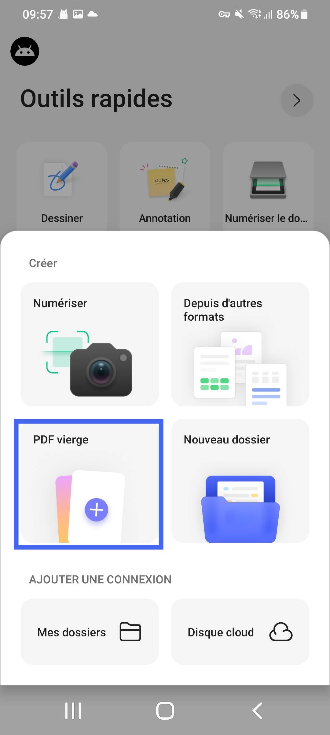 sélectionner un PDF vierge dans updf pour Android