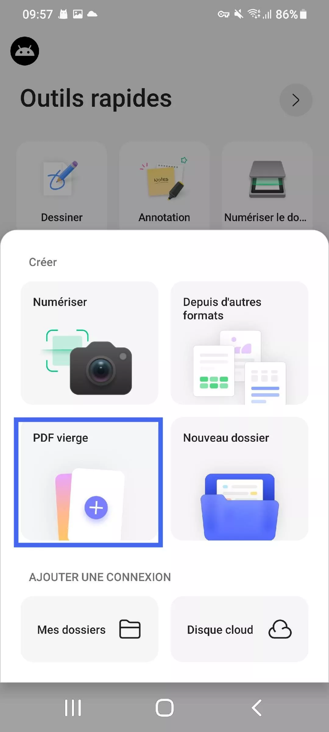 sélectionner un PDF vierge dans updf pour Android
