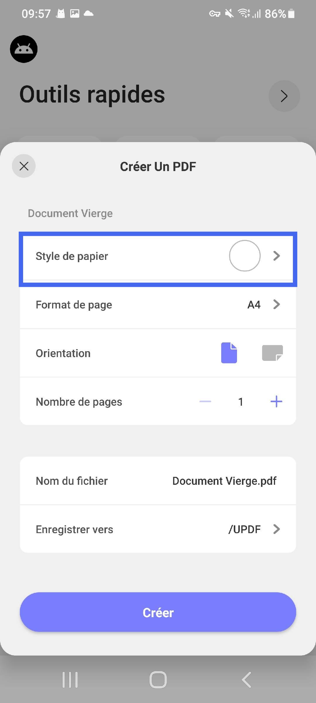 choisir le style de papier pour un PDF vierge updf android