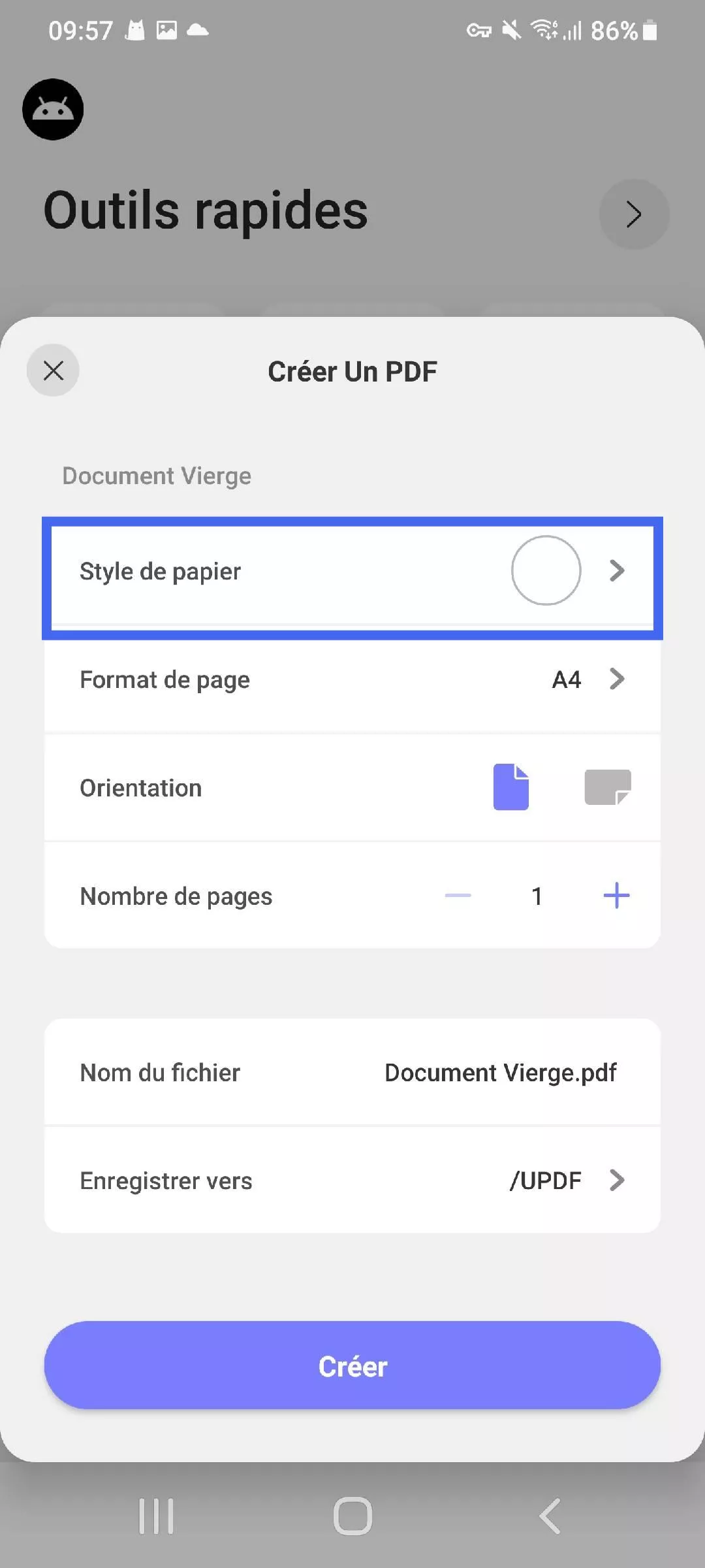  choisir le style de papier pour un PDF vierge updf android