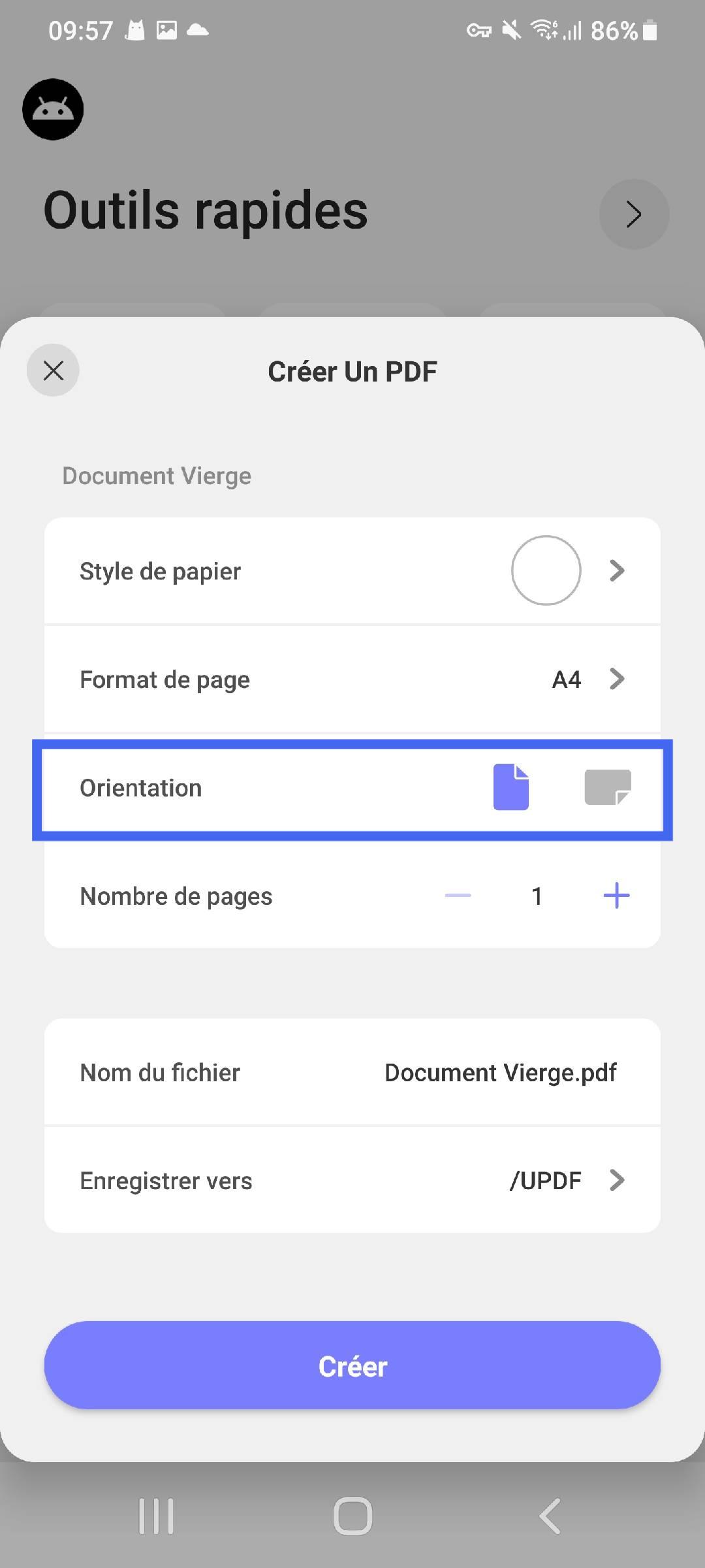 choisissez une orientation de page pour créer un PDF vierge updf android