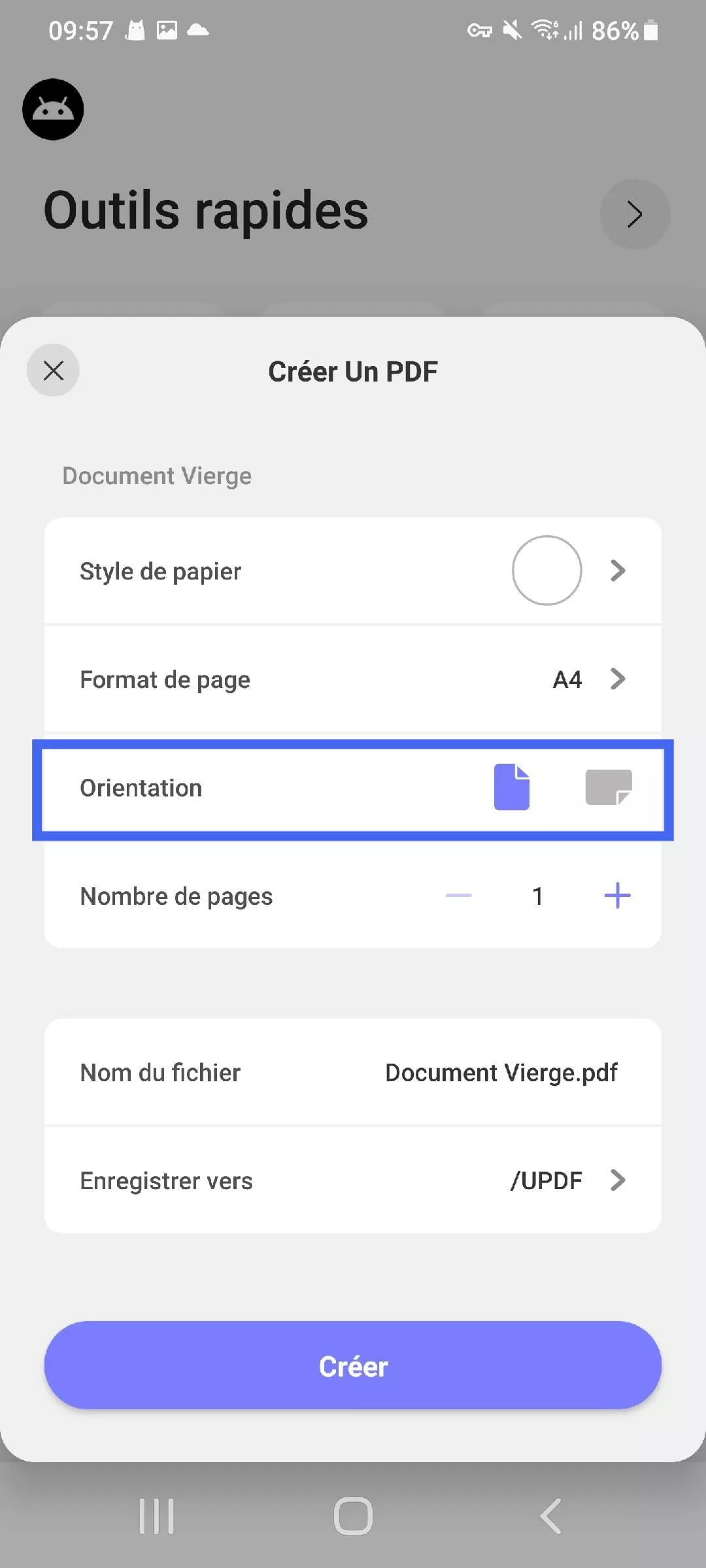 choisissez une orientation de page pour créer un PDF vierge updf android