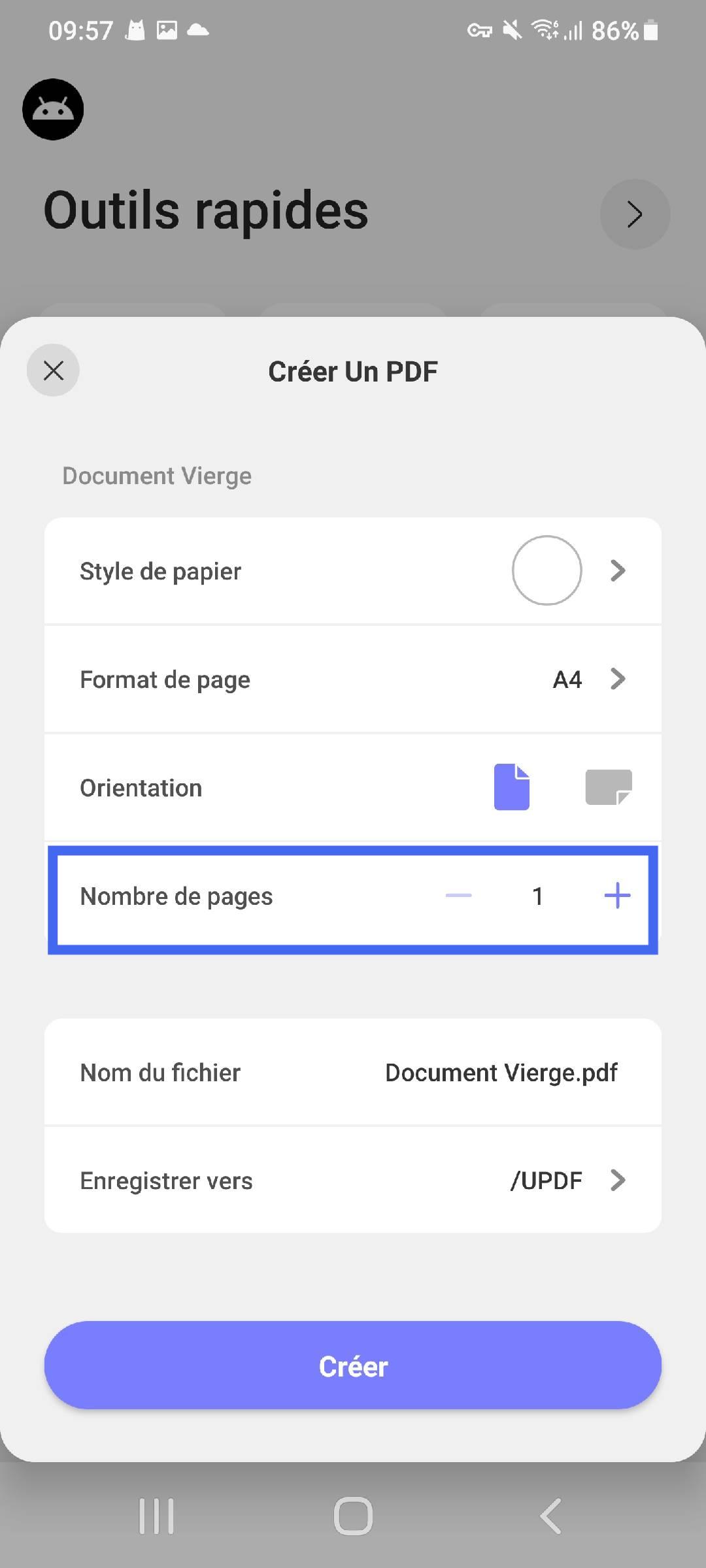 définir le nombre de pages pour créer un PDF vierge updf android