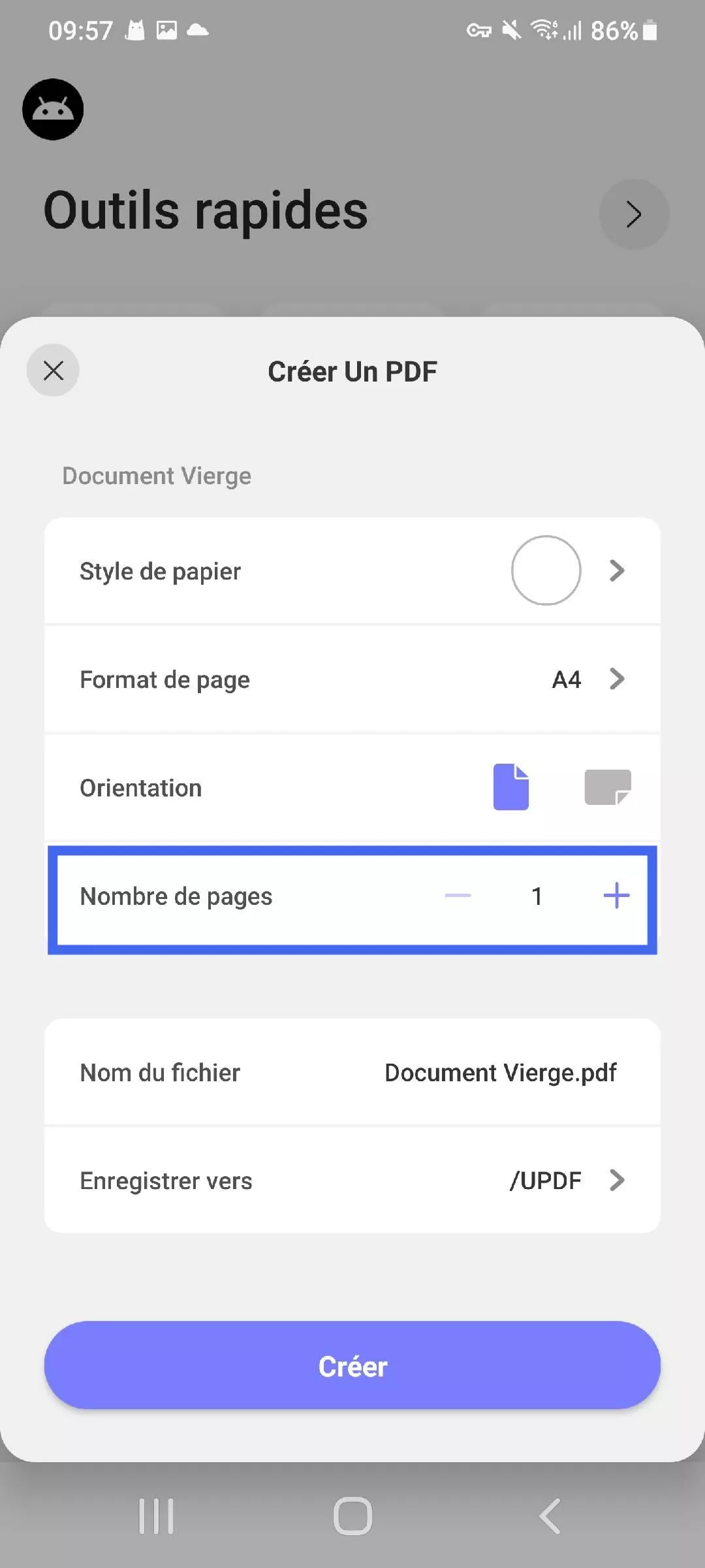 définir le nombre de pages pour créer un PDF vierge updf android