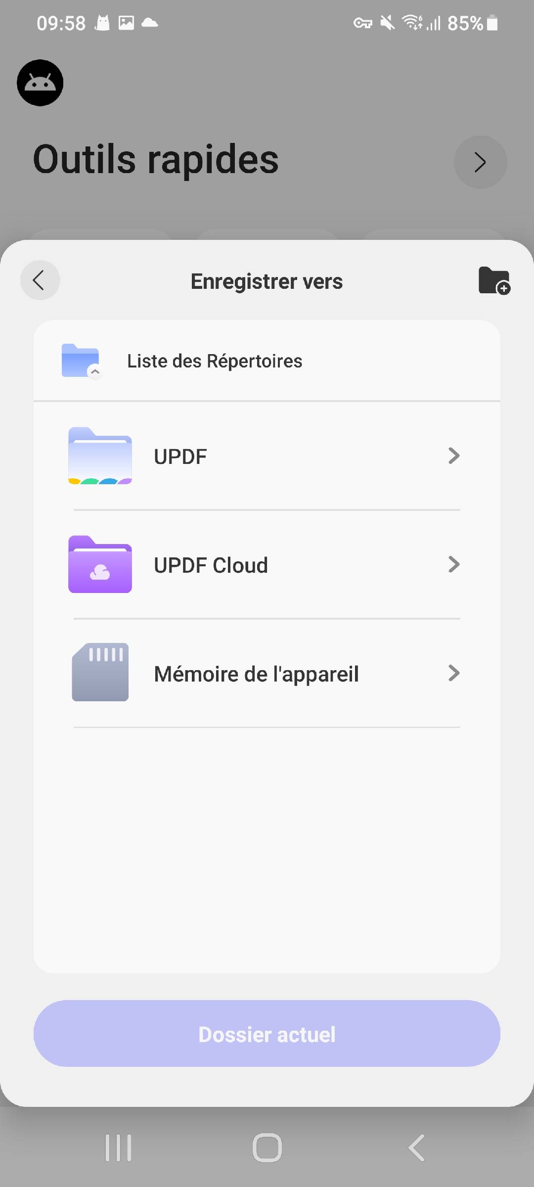 sélectionnez un emplacement pour enregistrer le PDF UPDF Android